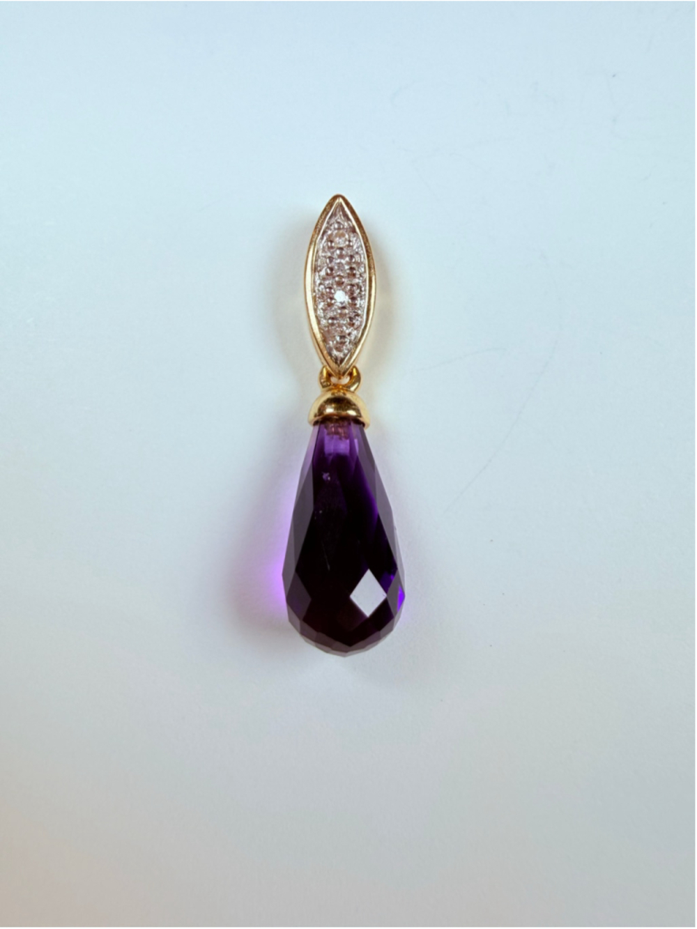 14K Solid Yellow Gold Diamond & Amethyst Briolette Teardrop Necklace Pendant